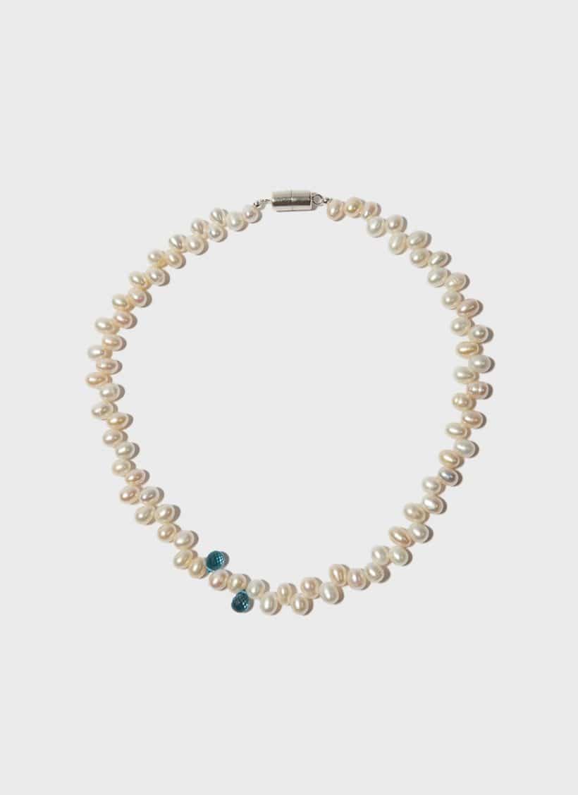 Mass Pearl Necklace With Blue Topaz Droplets